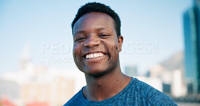Buy stock photo Runner, happy and portrait of black man in city for break from exercise, workout and training. Sports, smile and person in town for rest, challenge and fitness for active hobby, wellness and health