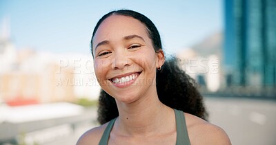 Buy stock photo Runner, happy and portrait of woman in city for break from exercise, workout and training. Sports, smile and person in town for rest, challenge and fitness for active hobby, wellness and health