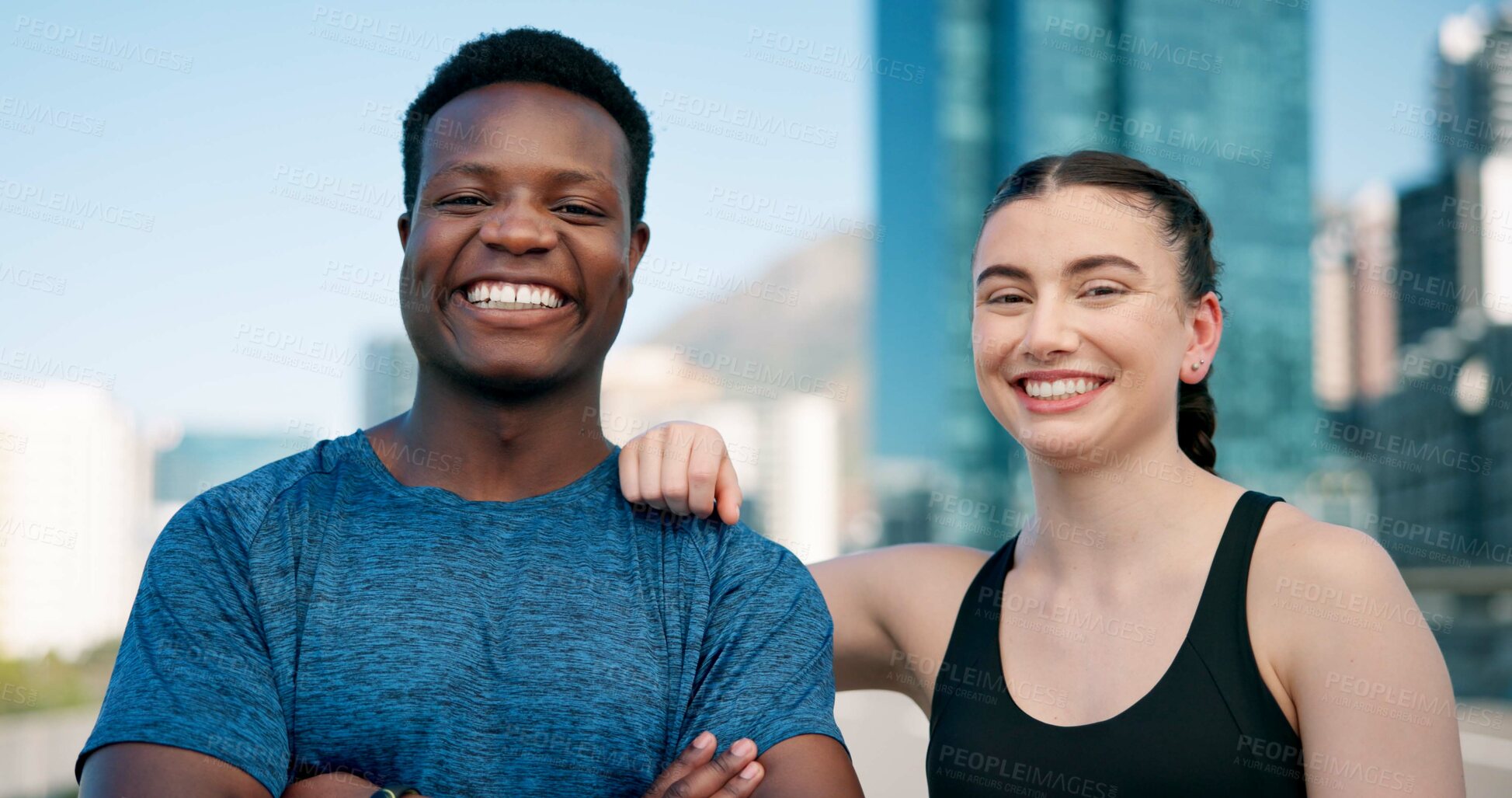 Buy stock photo Runner, happy and portrait of friends in city for exercise, workout and training together. Sports, smile and man with woman in town for rest, break and fitness for active hobby, wellness and health