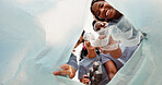Portrait, people and clean outdoor with plastic bag, recycling waste and help for non profit service. Below, space and volunteer with trash, garbage or eco friendly charity for social responsibility.