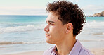 Man, relax and thinking at beach with summer holiday, contemplation and weekend getaway for peace. Space, person and reflection outdoor by ocean with travel adventure, tropical island and vacation.
