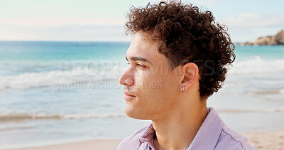 Buy stock photo Man, relax and thinking at beach with summer holiday, contemplation and weekend getaway for peace. Space, person and reflection outdoor by ocean with travel adventure, tropical island and vacation.