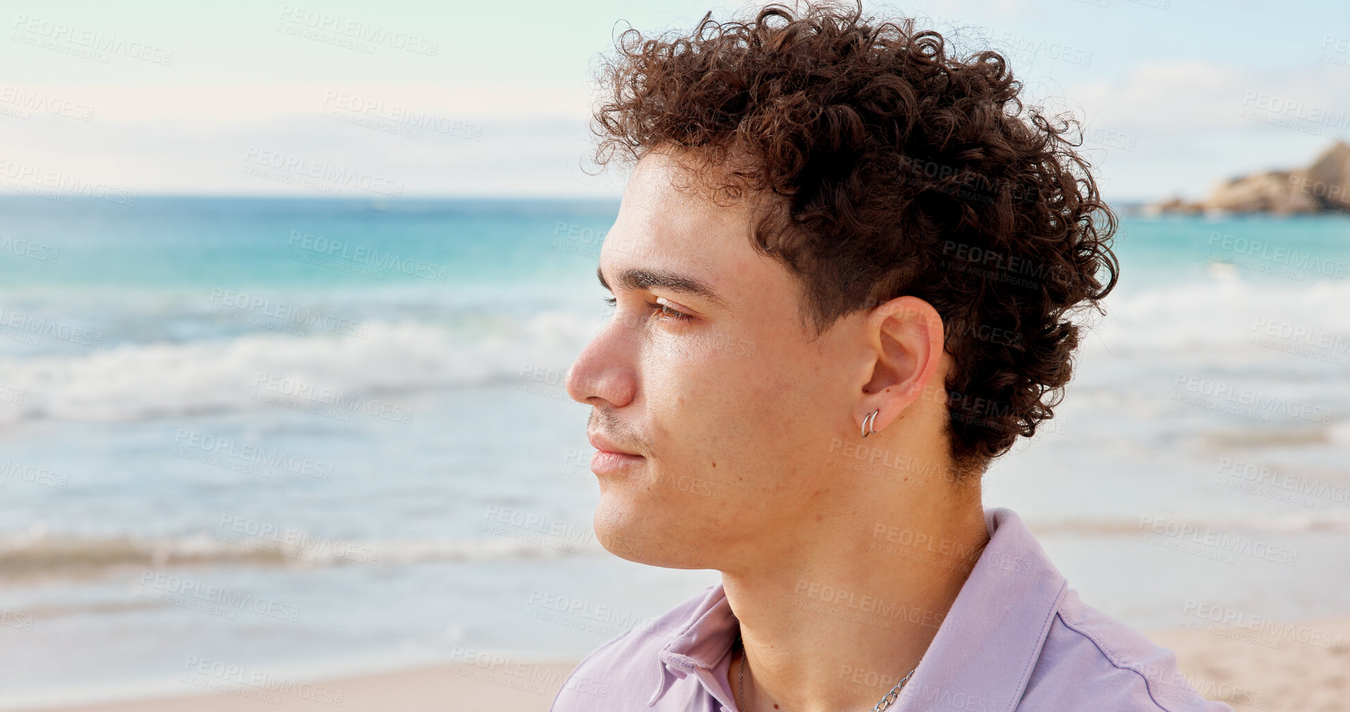 Buy stock photo Man, relax and thinking at beach with summer holiday, contemplation and weekend getaway for peace. Space, person and reflection outdoor by ocean with travel adventure, tropical island and vacation.