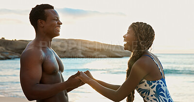 Buy stock photo Holding hands, laughing and love with black couple on beach together for bonding or dating. Funny, romance and sunset with happy African people outdoor in nature for holiday, travel or vacation