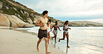 Running, friends and people on beach for holiday, travel adventure and tropical destination for bonding. Ocean, summer break and group with happiness for island vacation, getaway and fun in Bali