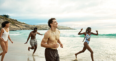 Buy stock photo Running, friends and man on beach for holiday, travel adventure and tropical destination for getaway. Ocean, summer break or group of people with happiness for island vacation, bonding or fun in Bali