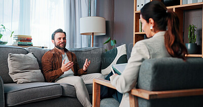 Buy stock photo Happy man, patient and talking with therapist for counseling, rehabilitation or therapy session. Male person, client and speaking with counselor or psychologist for mental health or advice in office