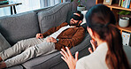 Consulting, hypnotherapy and talking with people in clinic together for mental health, help or support. Psychology, sensory deprivation and therapist speaking to patient in office for rehabilitation