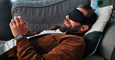 Buy stock photo Man, sleeping and sofa for therapy session in office with hypnotherapy, guidance and technique. Male person, sleep mask and counseling with sensory awareness, healing subconscious and rehabilitation