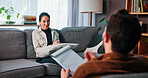 Happy woman, patient or talking with therapist for counseling, rehabilitation or therapy session. Female person, client or listening to counselor or psychologist for mental health or advice in office