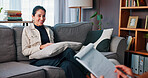 Happy woman, patient and talking with therapist for counseling, rehabilitation or therapy session. Female person, client and speaking with counselor or psychologist for help or advice in office