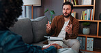 Counseling, therapist and man talking to client for help, mental health advice or support in office. Therapy, life coach and patient in psychology session for assessment, consultation and evaluation