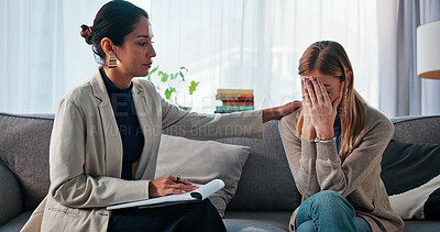 Buy stock photo Sad, woman and comfort with psychologist for counseling, emotional support and empathy. Grief, therapist and consoling patient with depression for compassion, trauma recovery and coping assistance
