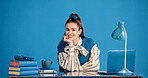 Review, portrait or woman in office with laptop, draft edit or source feedback for article. Smile, space or journalist in creative studio with tech, fact check or industry research for publication.