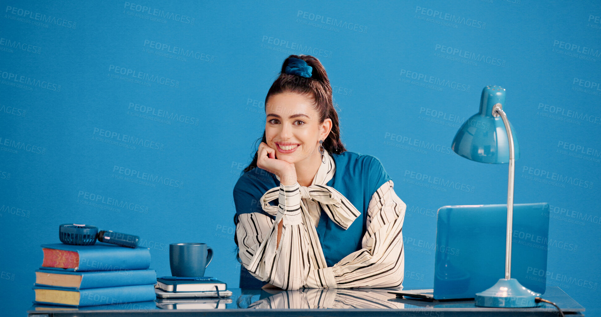 Buy stock photo Review, portrait or woman in office with laptop, draft edit or source feedback for article. Smile, space or journalist in creative studio with tech, fact check or industry research for publication.