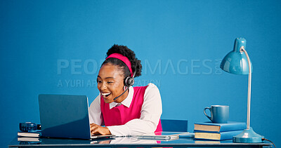 Buy stock photo Headset, laptop and smile of black woman in call center for consulting, feedback or support. Computer, studio and typing with happy African agent on blue background for customer service or review