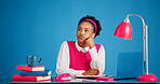 Thinking, journalist or black woman with notebook in office, planning news story or article inspiration. Trending topic ideas, reflection or person with insight for feature, diary or creative studio