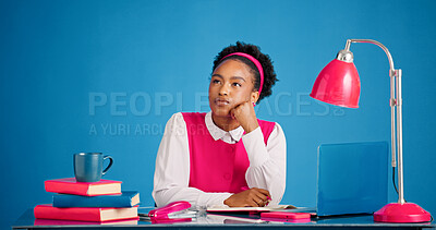 Buy stock photo Thinking, journalist or black woman with notebook in office, planning news story or article inspiration. Trending topic ideas, reflection or person with insight for feature, diary or creative studio