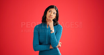 Buy stock photo Fitness, space and thinking with woman in studio for contemplation, decision or planning. Health, problem solving and solution with thoughtful person isolated on red background for doubt or question