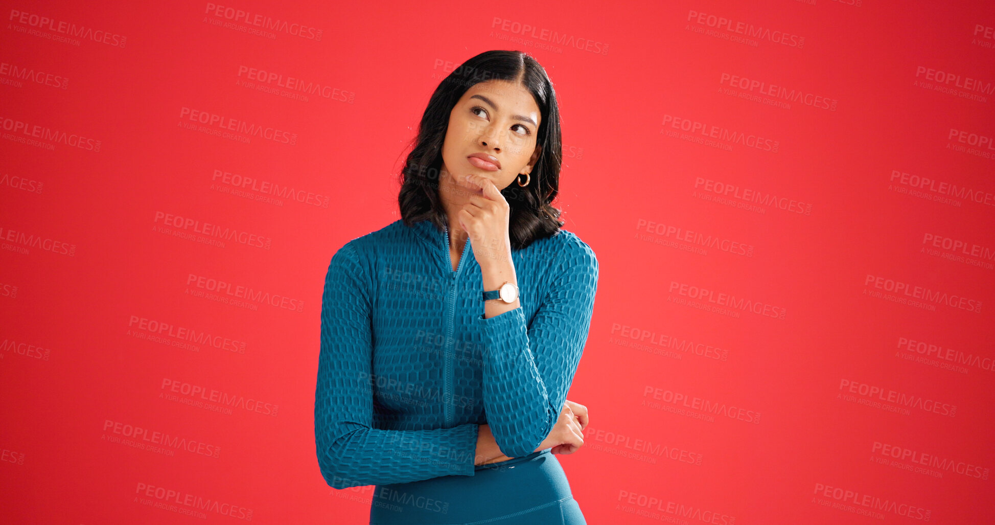 Buy stock photo Fitness, space and thinking with woman in studio for contemplation, decision or planning. Health, problem solving and solution with thoughtful person isolated on red background for doubt or question