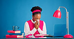Laptop, sick and black woman blowing nose in studio with allergies, flu or sinus infection. Computer, illness and African creative editor with tissue for running nose with hayfever by blue background