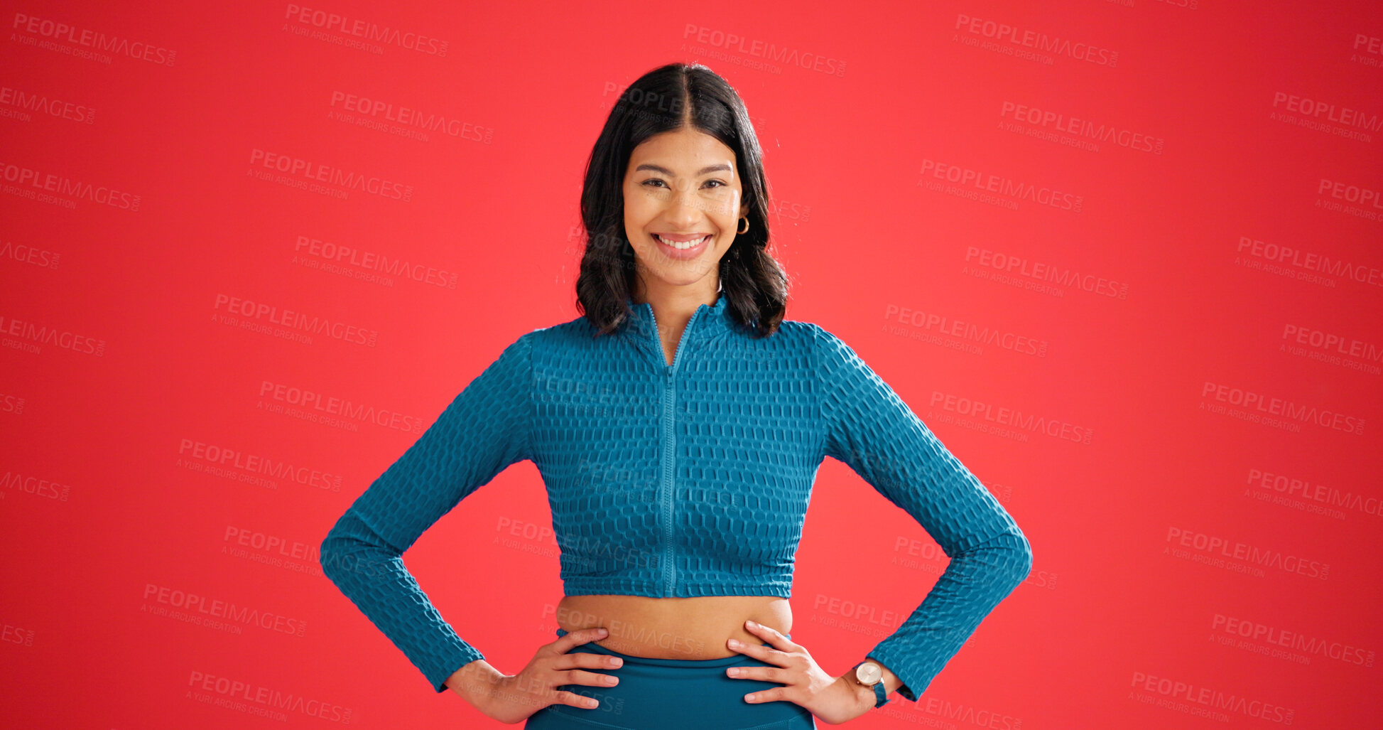 Buy stock photo Confident, portrait or woman in studio for fitness, personal trainer or workout support for health goals. Smile, coach or exercise guidance for body transformation, join us or space on red background