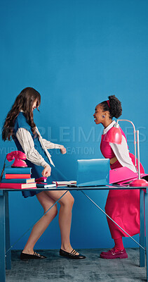 Buy stock photo Women, team and happy at office with dancing by wall, mockup space and celebration at startup company. People, excited and rhythm with goals, achievement and project approval at creative agency