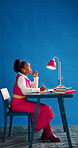 Thinking, draft or black woman in office with notebook, insight or brainstorming for article. Writing, space or journalist with inspiration, blog update or column planning in creative studio.