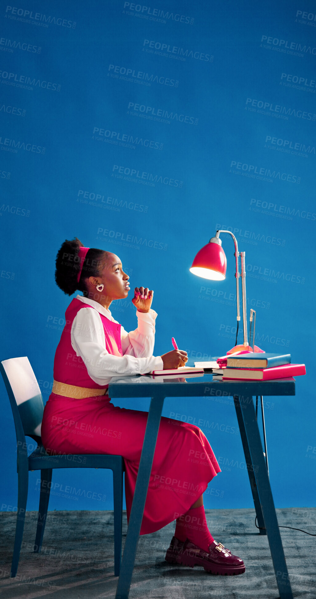 Buy stock photo Thinking, draft or black woman in office with notebook, insight or brainstorming for article. Writing, space or journalist with inspiration, blog update or column planning in creative studio.