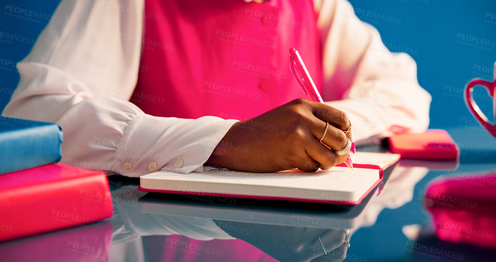 Buy stock photo Student writing, education and hands with notebook on desk, learn and preparation for exam with info. University, knowledge and person with journal for ideas, study and planning for test with notes
