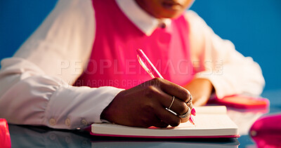 Buy stock photo Student writing, learn and hands with notebook on desk, education and preparation for exam with info. University, knowledge and person with journal for ideas, study and planning for test with notes