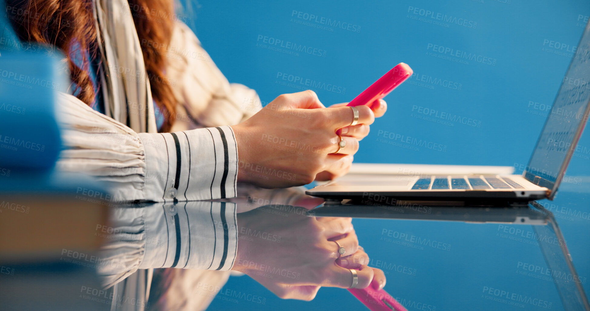 Buy stock photo Laptop, phone and hands of woman in office, system 404 error and browsing tech support forum for info. Computer crash, research and employee with mobile for communication, creative studio or internet