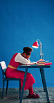 Sleep, student and black woman at desk with burnout, tired or education pressure in college. Study fatigue, university  and lazy person rest, exhausted and low energy with nap on mockup space