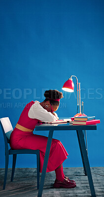Buy stock photo Sleep, student and black woman at desk with burnout, tired or education pressure in college. Study fatigue, university  and lazy person rest, exhausted and low energy with nap on mockup space