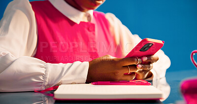 Buy stock photo Research, notebook and hands with phone in office, reading email and staff chat for schedule change. Diary, creative studio or woman with mobile for communication, work bulletin app or deadline info