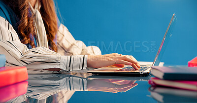 Buy stock photo Typing, laptop or hands in office with review, draft edit or source feedback for publication. Digital, woman or journalist with tech, article fact check or industry research in creative studio.