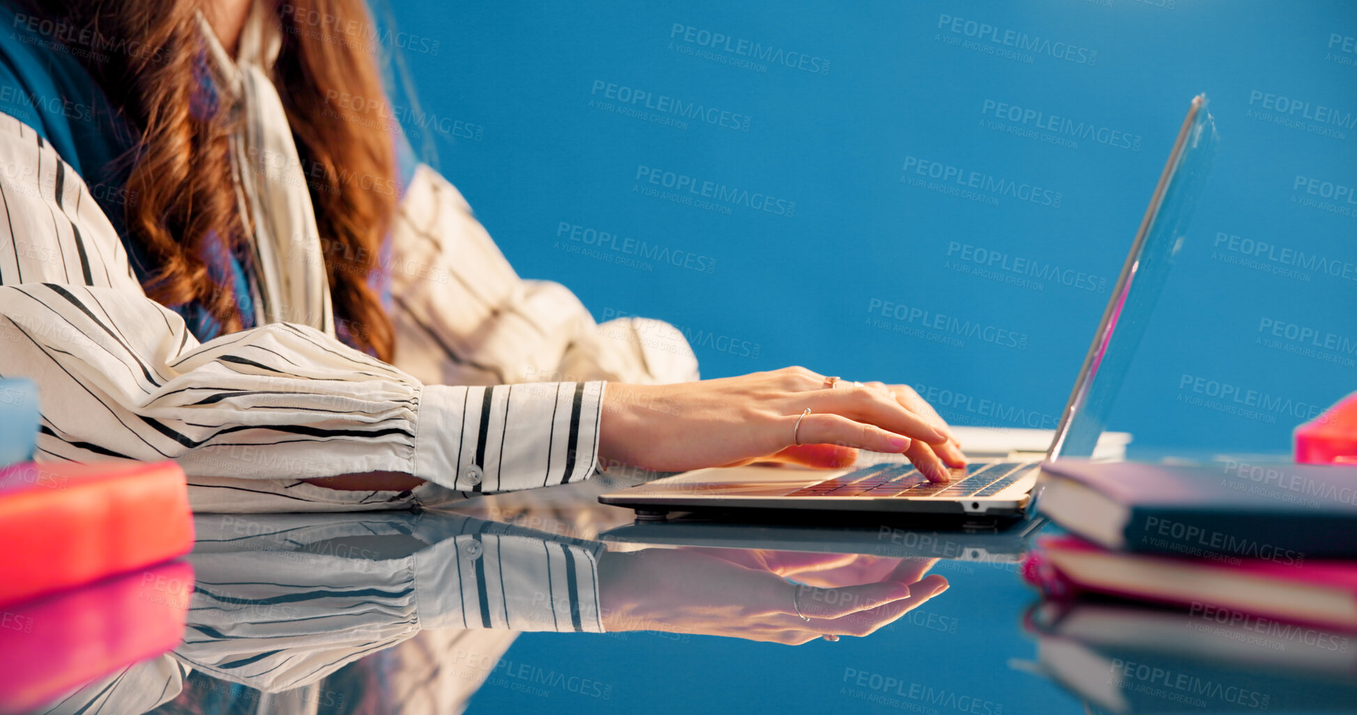 Buy stock photo Typing, laptop or hands in office with review, draft edit or source feedback for publication. Digital, woman or journalist with tech, article fact check or industry research in creative studio.