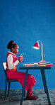 Creative, author and woman with coffee in office, thinking and plan for fiction novel with caffeine. Blue wall, mockup space and black person with hot drink on break, wonder and story ideas with tea