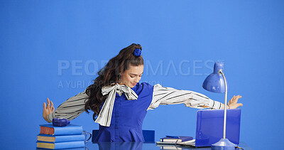 Buy stock photo Business, laptop and stretching with woman in studio for muscle fatigue or tension relief. Break, flexibility and relax with employee person on blue background for posture, productivity or rest