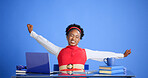 Business, laptop and stretching with black woman on blue background for muscle fatigue or tension. Break, relax and rest with African person in studio flexibility, posture relief or productivity