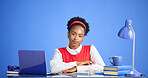Portrait, laptop or black woman in office with confidence, draft review or source feedback for article. Smile, space or journalist with tech, blog fact check or industry research in creative studio.