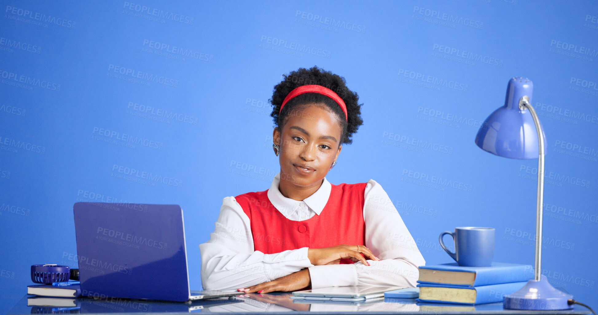 Buy stock photo Portrait, laptop or black woman in office with confidence, draft review or source feedback for article. Smile, space or journalist with tech, blog fact check or industry research in creative studio.
