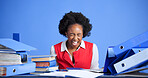 Business woman, screaming and documents at studio with chaos, frustrated or space on blue background. African person, receptionist and overwhelmed with paperwork, admin and stress for crisis at job