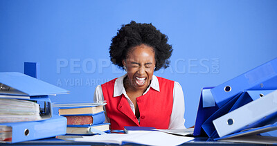 Buy stock photo Business woman, screaming and documents at studio with chaos, frustrated or space on blue background. African person, receptionist and overwhelmed with paperwork, admin and stress for crisis at job