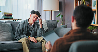Buy stock photo Talking, counseling and man with psychologist in office for advice, help or life coaching session. Mental health, consulting and therapist with patient for emotional support, wellness or conversation