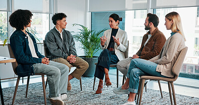 Buy stock photo Group, therapy and support for people talking about experience, mental health and healing. Men, woman and counselling with feedback, trust and community with diversity, discussion and wellness