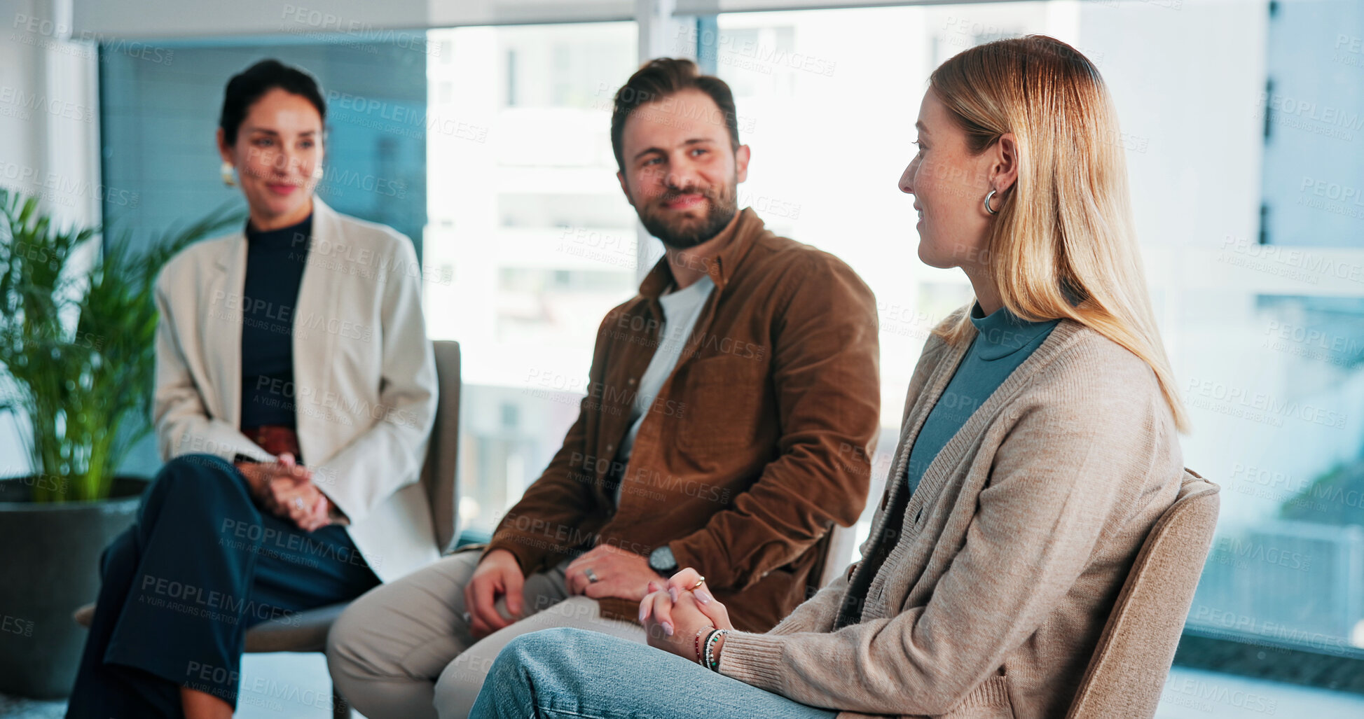 Buy stock photo Psychology, woman and happy with talking in group therapy for healing, addiction recovery and support. Rehabilitation, people and member in counseling for relapse prevention, share story and progress