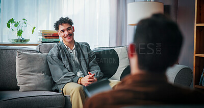 Buy stock photo Happy man, therapy and listen to psychologist for help, support or advice with addiction recovery. Client, psychology and talk for counseling with healing, rehabilitation and consultation in office