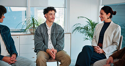 Buy stock photo Psychology, man and smile with discussion in group therapy for healing, alcohol addiction and support. Rehabilitation, people and member in counseling for relapse prevention, improvement and progress