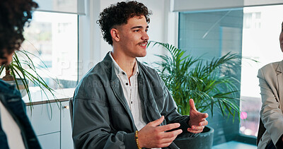 Buy stock photo Group therapy, man and share story for advice, accountability and addiction recovery. Counseling, smile and people together for healing, alcoholic rehabilitation and support in community center